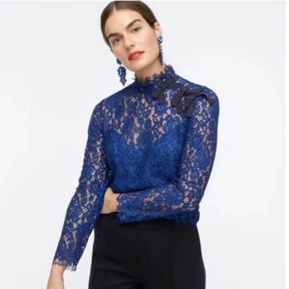NWT J Crew Size 8 Cobalt Blue Mockneck Lace Blouse Top Ribbon Detail Wedding New
